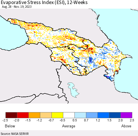 Azerbaijan, Armenia and Georgia Evaporative Stress Index (ESI), 12-Weeks Thematic Map For 11/13/2023 - 11/19/2023