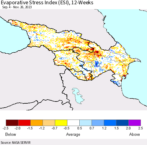 Azerbaijan, Armenia and Georgia Evaporative Stress Index (ESI), 12-Weeks Thematic Map For 11/20/2023 - 11/26/2023