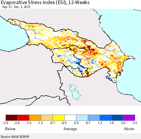 Azerbaijan, Armenia and Georgia Evaporative Stress Index (ESI), 12-Weeks Thematic Map For 11/27/2023 - 12/3/2023