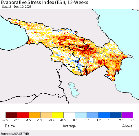 Azerbaijan, Armenia and Georgia Evaporative Stress Index (ESI), 12-Weeks Thematic Map For 12/4/2023 - 12/10/2023