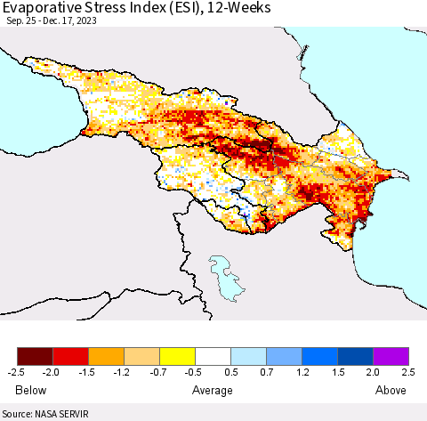 Azerbaijan, Armenia and Georgia Evaporative Stress Index (ESI), 12-Weeks Thematic Map For 12/11/2023 - 12/17/2023