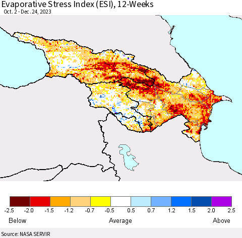 Azerbaijan, Armenia and Georgia Evaporative Stress Index (ESI), 12-Weeks Thematic Map For 12/18/2023 - 12/24/2023