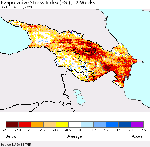 Azerbaijan, Armenia and Georgia Evaporative Stress Index (ESI), 12-Weeks Thematic Map For 12/25/2023 - 12/31/2023