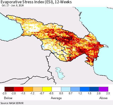 Azerbaijan, Armenia and Georgia Evaporative Stress Index (ESI), 12-Weeks Thematic Map For 1/8/2024 - 1/14/2024
