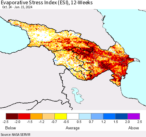 Azerbaijan, Armenia and Georgia Evaporative Stress Index (ESI), 12-Weeks Thematic Map For 1/15/2024 - 1/21/2024