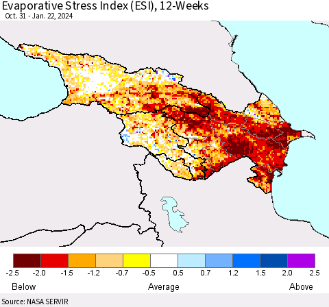 Azerbaijan, Armenia and Georgia Evaporative Stress Index (ESI), 12-Weeks Thematic Map For 1/22/2024 - 1/28/2024