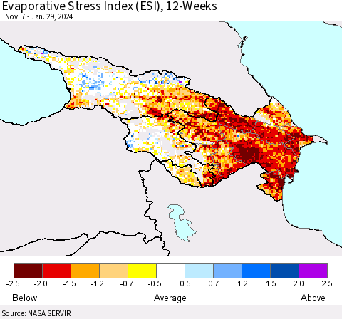 Azerbaijan, Armenia and Georgia Evaporative Stress Index (ESI), 12-Weeks Thematic Map For 1/29/2024 - 2/4/2024