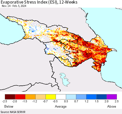 Azerbaijan, Armenia and Georgia Evaporative Stress Index (ESI), 12-Weeks Thematic Map For 2/5/2024 - 2/11/2024