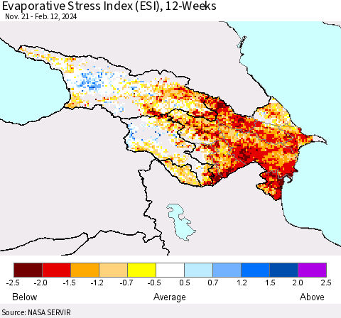 Azerbaijan, Armenia and Georgia Evaporative Stress Index (ESI), 12-Weeks Thematic Map For 2/12/2024 - 2/18/2024