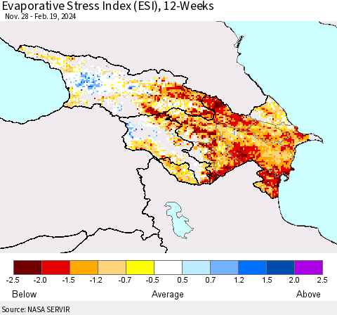 Azerbaijan, Armenia and Georgia Evaporative Stress Index (ESI), 12-Weeks Thematic Map For 2/19/2024 - 2/25/2024