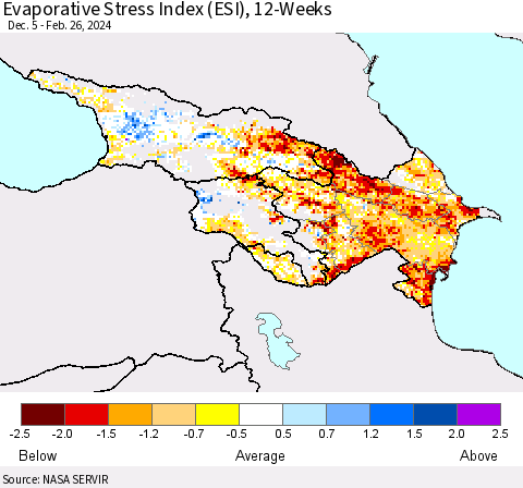 Azerbaijan, Armenia and Georgia Evaporative Stress Index (ESI), 12-Weeks Thematic Map For 2/26/2024 - 3/3/2024