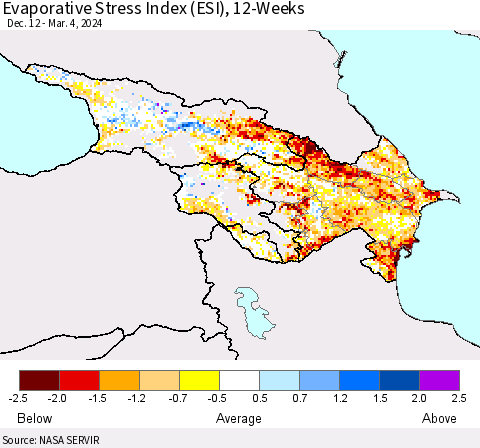 Azerbaijan, Armenia and Georgia Evaporative Stress Index (ESI), 12-Weeks Thematic Map For 3/4/2024 - 3/10/2024