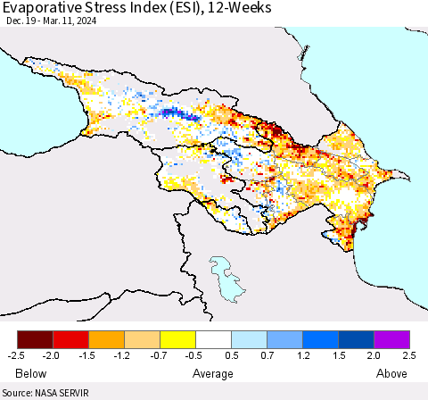 Azerbaijan, Armenia and Georgia Evaporative Stress Index (ESI), 12-Weeks Thematic Map For 3/11/2024 - 3/17/2024