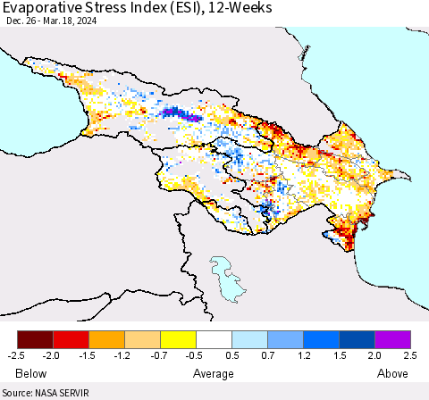 Azerbaijan, Armenia and Georgia Evaporative Stress Index (ESI), 12-Weeks Thematic Map For 3/18/2024 - 3/24/2024