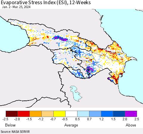 Azerbaijan, Armenia and Georgia Evaporative Stress Index (ESI), 12-Weeks Thematic Map For 3/25/2024 - 3/31/2024