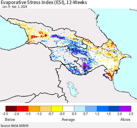 Azerbaijan, Armenia and Georgia Evaporative Stress Index (ESI), 12-Weeks Thematic Map For 4/1/2024 - 4/7/2024