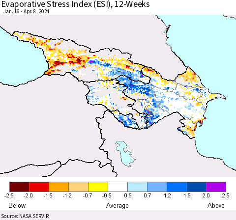 Azerbaijan, Armenia and Georgia Evaporative Stress Index (ESI), 12-Weeks Thematic Map For 4/8/2024 - 4/14/2024