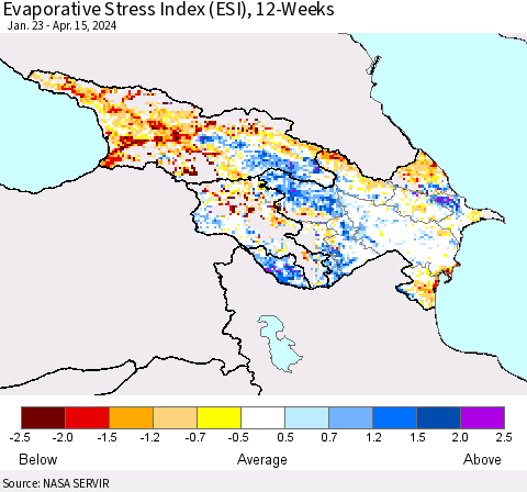 Azerbaijan, Armenia and Georgia Evaporative Stress Index (ESI), 12-Weeks Thematic Map For 4/15/2024 - 4/21/2024