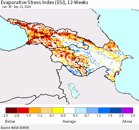 Azerbaijan, Armenia and Georgia Evaporative Stress Index (ESI), 12-Weeks Thematic Map For 4/22/2024 - 4/28/2024