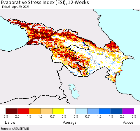 Azerbaijan, Armenia and Georgia Evaporative Stress Index (ESI), 12-Weeks Thematic Map For 4/29/2024 - 5/5/2024
