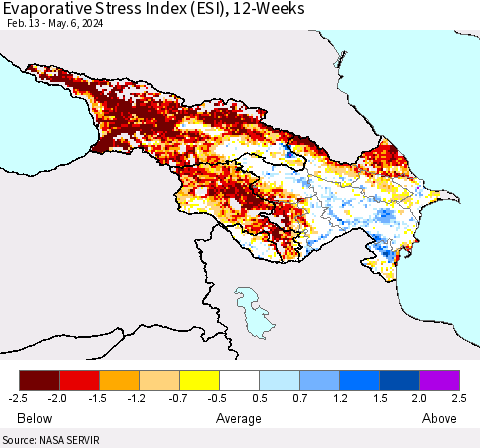 Azerbaijan, Armenia and Georgia Evaporative Stress Index (ESI), 12-Weeks Thematic Map For 5/6/2024 - 5/12/2024
