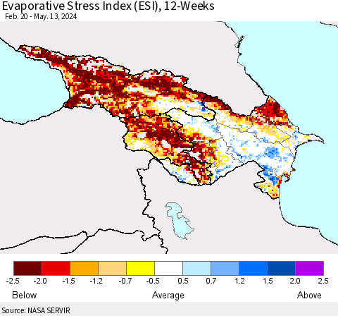 Azerbaijan, Armenia and Georgia Evaporative Stress Index (ESI), 12-Weeks Thematic Map For 5/13/2024 - 5/19/2024