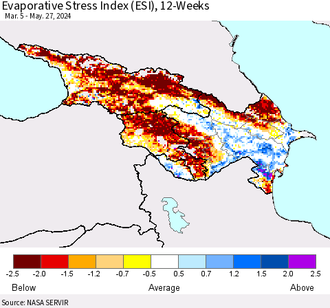 Azerbaijan, Armenia and Georgia Evaporative Stress Index (ESI), 12-Weeks Thematic Map For 5/27/2024 - 6/2/2024