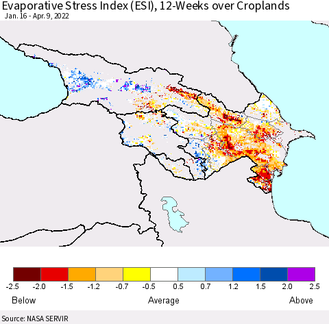 Azerbaijan, Armenia and Georgia Evaporative Stress Index (ESI), 12-Weeks over Croplands Thematic Map For 4/4/2022 - 4/10/2022