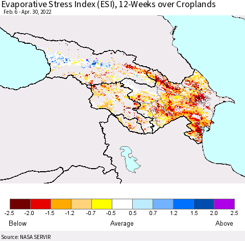 Azerbaijan, Armenia and Georgia Evaporative Stress Index (ESI), 12-Weeks over Croplands Thematic Map For 4/25/2022 - 5/1/2022