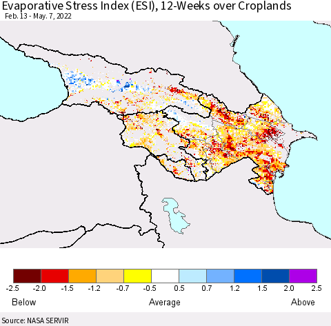 Azerbaijan, Armenia and Georgia Evaporative Stress Index (ESI), 12-Weeks over Croplands Thematic Map For 5/2/2022 - 5/8/2022