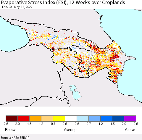 Azerbaijan, Armenia and Georgia Evaporative Stress Index (ESI), 12-Weeks over Croplands Thematic Map For 5/9/2022 - 5/15/2022