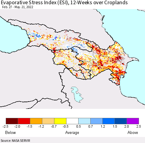 Azerbaijan, Armenia and Georgia Evaporative Stress Index (ESI), 12-Weeks over Croplands Thematic Map For 5/16/2022 - 5/22/2022