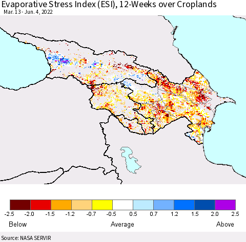 Azerbaijan, Armenia and Georgia Evaporative Stress Index (ESI), 12-Weeks over Croplands Thematic Map For 5/30/2022 - 6/5/2022