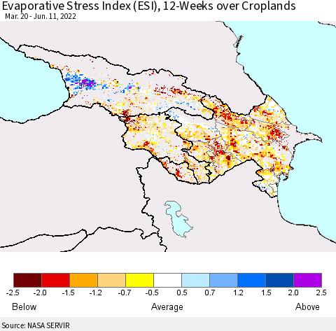 Azerbaijan, Armenia and Georgia Evaporative Stress Index (ESI), 12-Weeks over Croplands Thematic Map For 6/6/2022 - 6/12/2022