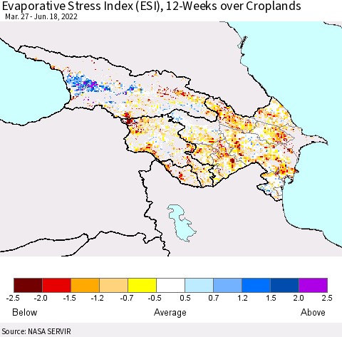 Azerbaijan, Armenia and Georgia Evaporative Stress Index (ESI), 12-Weeks over Croplands Thematic Map For 6/13/2022 - 6/19/2022