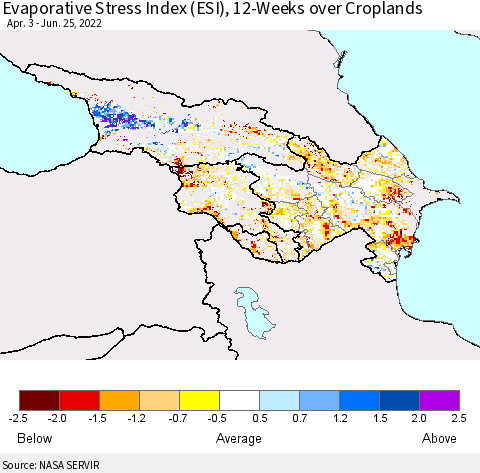 Azerbaijan, Armenia and Georgia Evaporative Stress Index (ESI), 12-Weeks over Croplands Thematic Map For 6/20/2022 - 6/26/2022