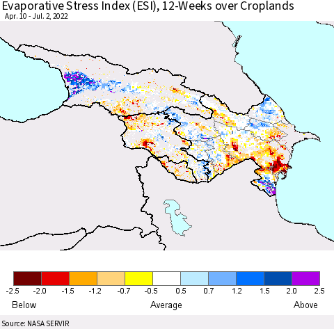 Azerbaijan, Armenia and Georgia Evaporative Stress Index (ESI), 12-Weeks over Croplands Thematic Map For 6/27/2022 - 7/3/2022