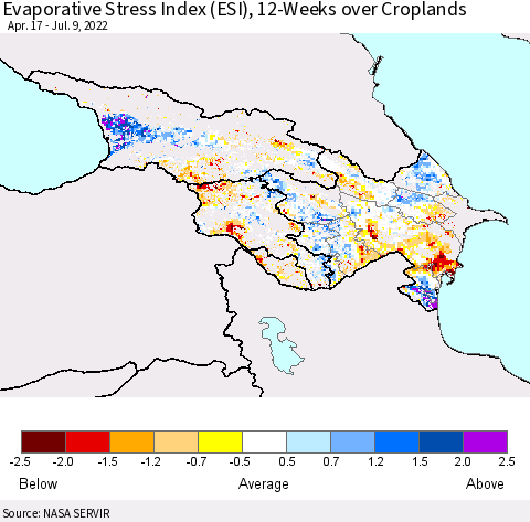 Azerbaijan, Armenia and Georgia Evaporative Stress Index (ESI), 12-Weeks over Croplands Thematic Map For 7/4/2022 - 7/10/2022