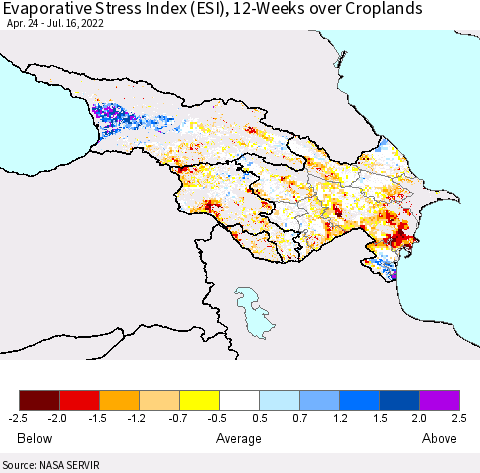 Azerbaijan, Armenia and Georgia Evaporative Stress Index (ESI), 12-Weeks over Croplands Thematic Map For 7/11/2022 - 7/17/2022