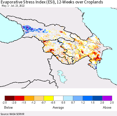 Azerbaijan, Armenia and Georgia Evaporative Stress Index (ESI), 12-Weeks over Croplands Thematic Map For 7/18/2022 - 7/24/2022
