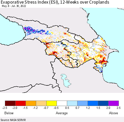 Azerbaijan, Armenia and Georgia Evaporative Stress Index (ESI), 12-Weeks over Croplands Thematic Map For 7/25/2022 - 7/31/2022