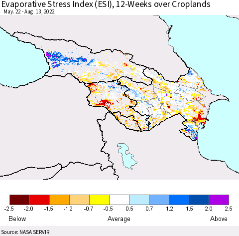 Azerbaijan, Armenia and Georgia Evaporative Stress Index (ESI), 12-Weeks over Croplands Thematic Map For 8/8/2022 - 8/14/2022