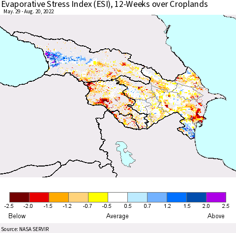 Azerbaijan, Armenia and Georgia Evaporative Stress Index (ESI), 12-Weeks over Croplands Thematic Map For 8/15/2022 - 8/21/2022