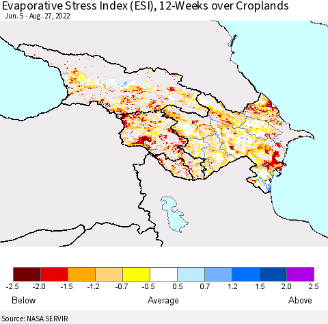 Azerbaijan, Armenia and Georgia Evaporative Stress Index (ESI), 12-Weeks over Croplands Thematic Map For 8/22/2022 - 8/28/2022