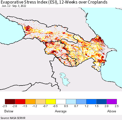 Azerbaijan, Armenia and Georgia Evaporative Stress Index (ESI), 12-Weeks over Croplands Thematic Map For 8/29/2022 - 9/4/2022