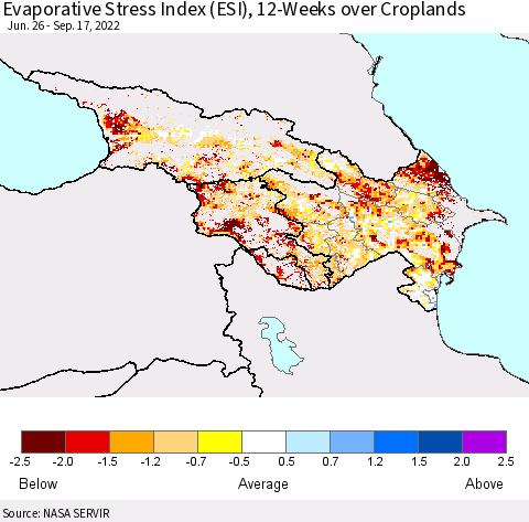 Azerbaijan, Armenia and Georgia Evaporative Stress Index (ESI), 12-Weeks over Croplands Thematic Map For 9/12/2022 - 9/18/2022