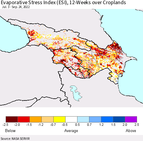 Azerbaijan, Armenia and Georgia Evaporative Stress Index (ESI), 12-Weeks over Croplands Thematic Map For 9/19/2022 - 9/25/2022