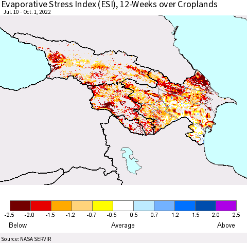 Azerbaijan, Armenia and Georgia Evaporative Stress Index (ESI), 12-Weeks over Croplands Thematic Map For 9/26/2022 - 10/2/2022