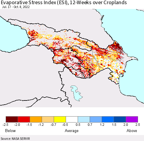 Azerbaijan, Armenia and Georgia Evaporative Stress Index (ESI), 12-Weeks over Croplands Thematic Map For 10/3/2022 - 10/9/2022