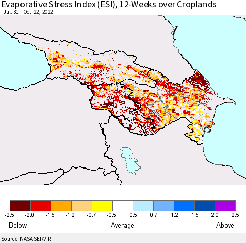 Azerbaijan, Armenia and Georgia Evaporative Stress Index (ESI), 12-Weeks over Croplands Thematic Map For 10/17/2022 - 10/23/2022